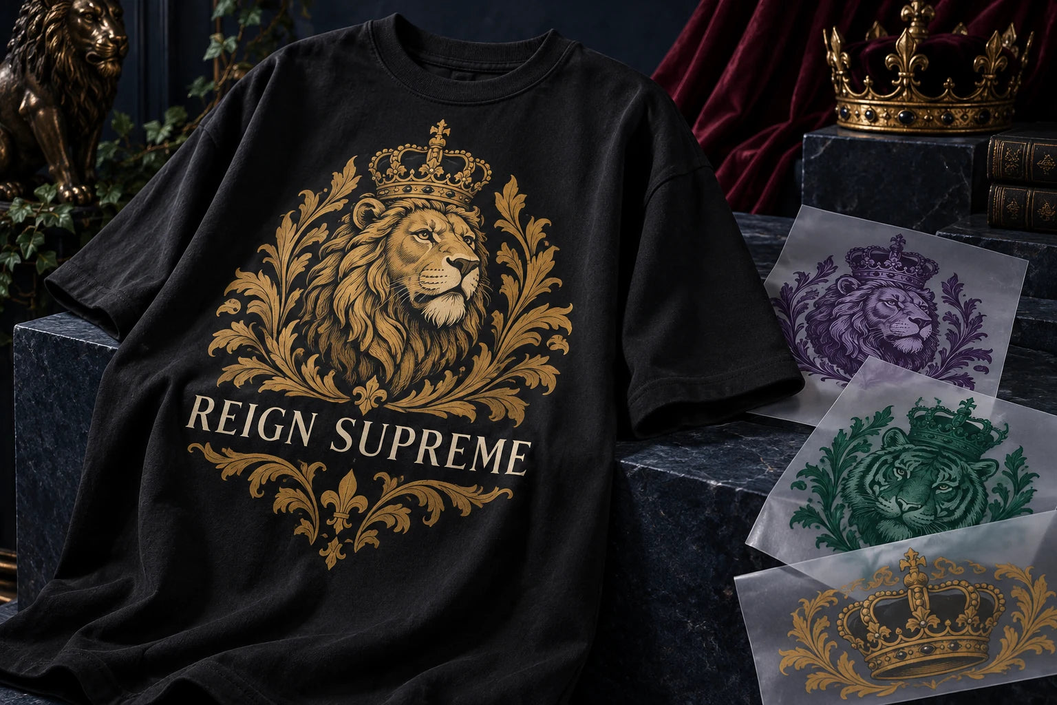 Royal artwork mockup featuring a crowned lion on a black shirt and colorful transfer sheets
